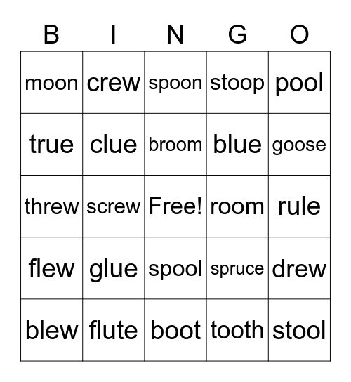 Variant Vowel oo Bingo Card