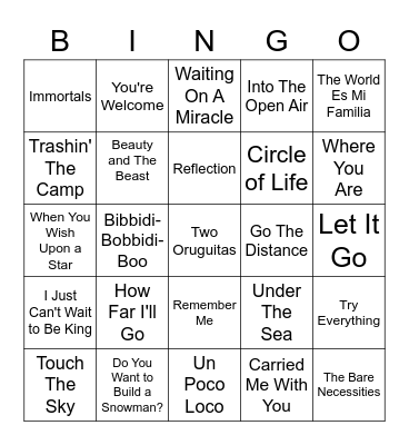 Disney JukeBox Bingo Card