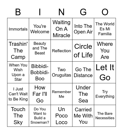 Disney JukeBox Bingo Card