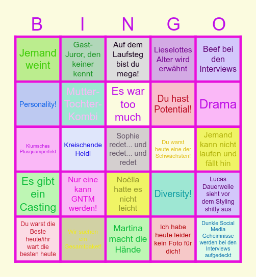 GNTM Bullshit Bingo Folge 8 Bingo Card