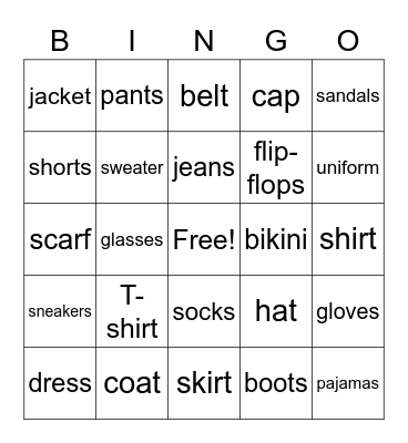 Clothes Bingo Card