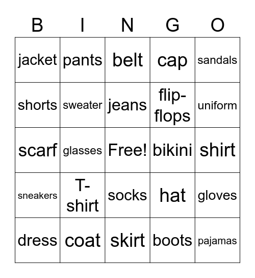 Clothes Bingo Card