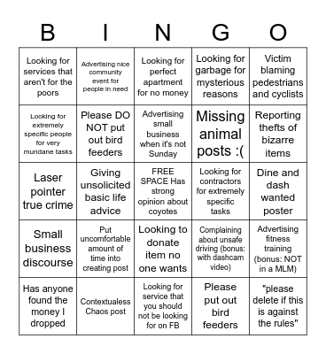 New West FB Group Bingo Card