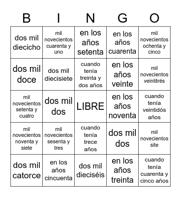 Bingo de Números / Los Años Bingo Card