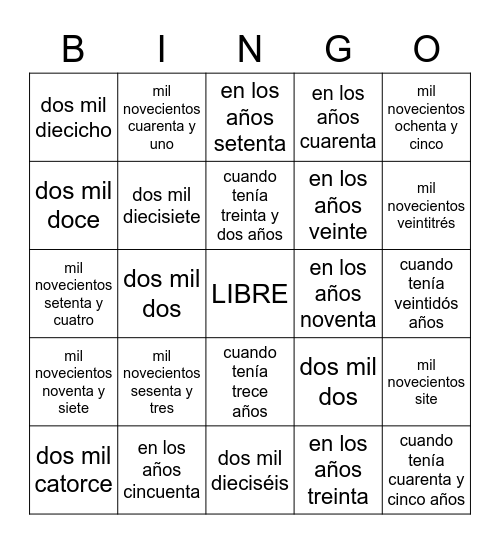 Bingo de Números / Los Años Bingo Card