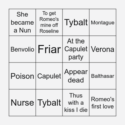 Romeo & Juliet Bingo Card