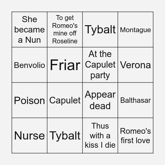 Romeo & Juliet Bingo Card