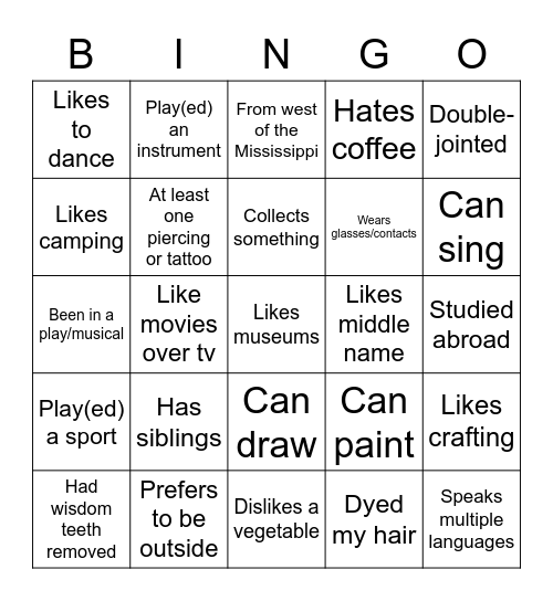 Get to Know You Bingo Card