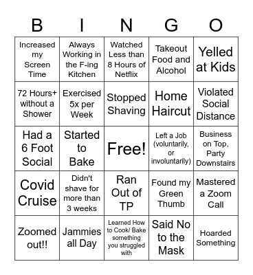 Quarantine Bingo for Adults Bingo Card