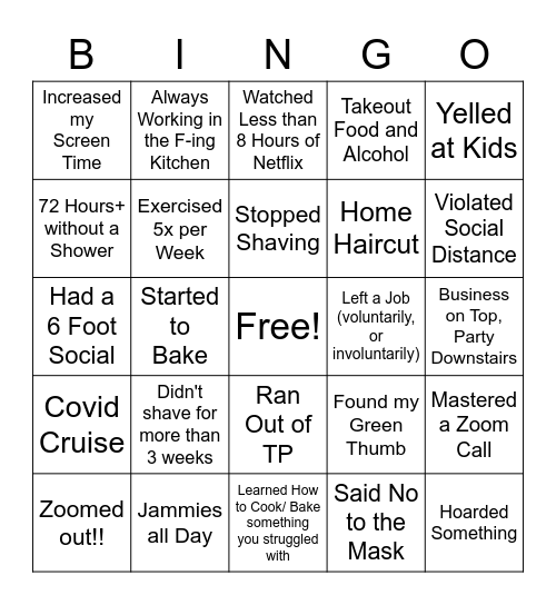 Quarantine Bingo for Adults Bingo Card