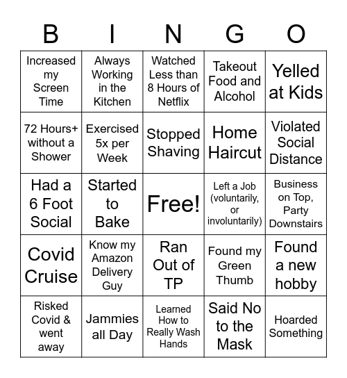 Quarantine Bingo for Adults Bingo Card