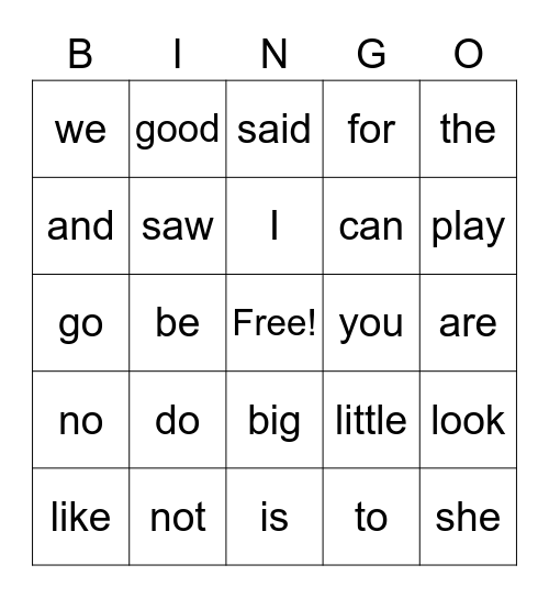 Kinder Sight Words Bingo Card