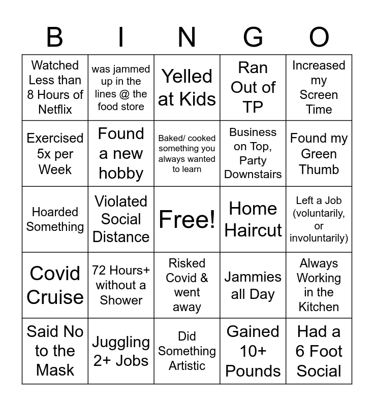 Quarantine Bingo for Adults Bingo Card