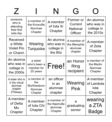 Tennessee Zeta Day Bingo Card