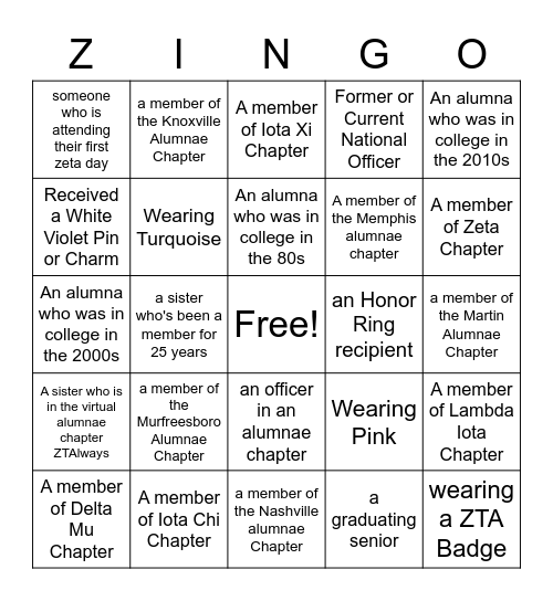 Tennessee Zeta Day Bingo Card
