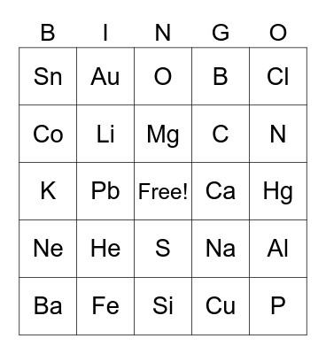 Periodic Table Bingo Card