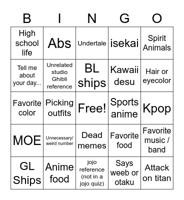 Anime buzzfeed Bingo Card