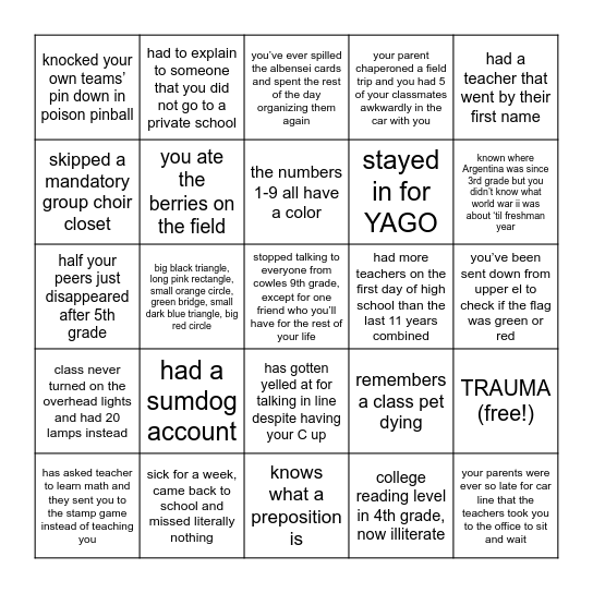 COWLES KID BINGO Card