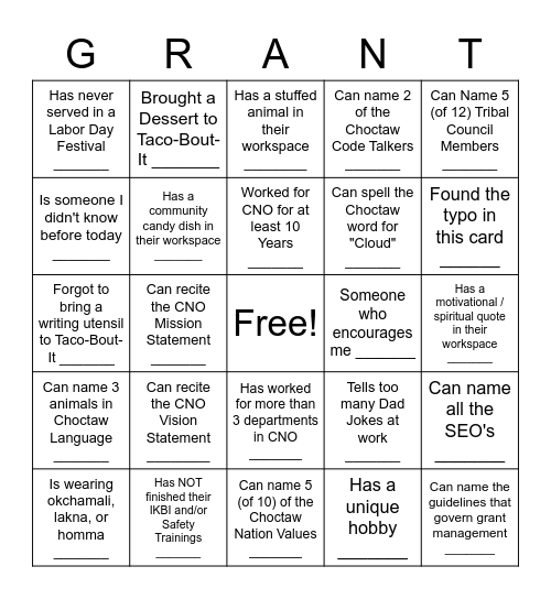 Grant Servces BINGO Card