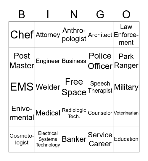 Career Day Bingo Card