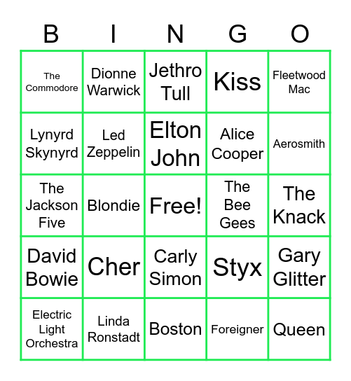 1970s Music Bingo Card