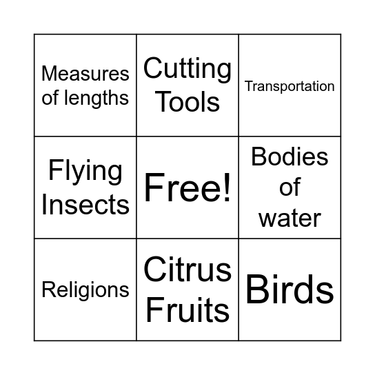 Categories Bingo Card