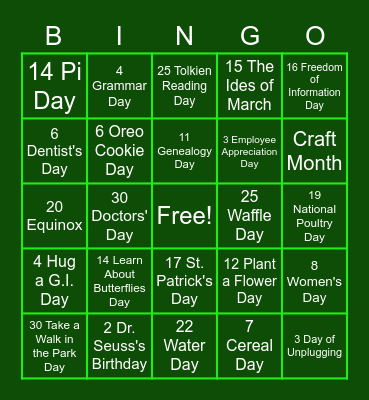 March Holidays Bingo Card