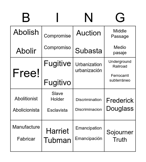 Slavery in the US Bingo Card