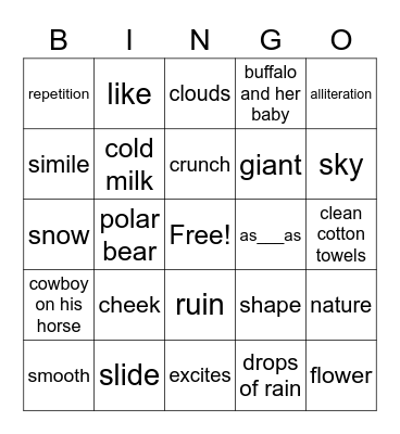 G2 U4 W5 Nature Poetry Bingo Card