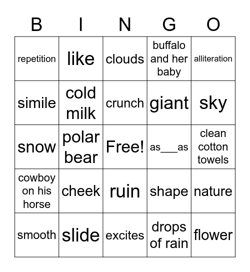 G2 U4 W5 Nature Poetry Bingo Card