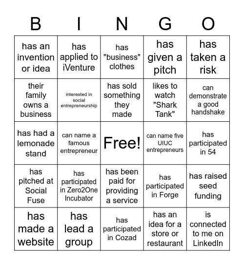 Entrepreneurship Bingo Card