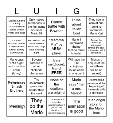 Mario Movie Bingo Card