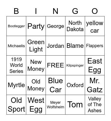 The Great Gatsby Bingo Card