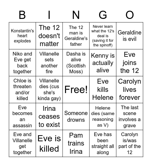 Killing Eve Season 4 Bingo Card