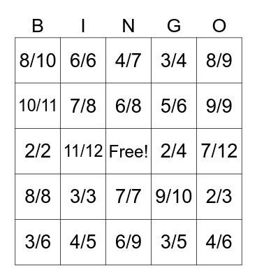 Fraction Bingo Card