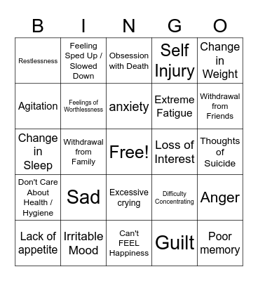 Teen Depression Symptoms Bingo Card