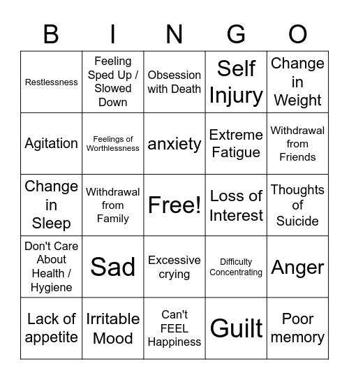 Teen Depression Symptoms Bingo Card