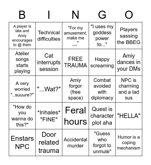 Amiy♡ the menace bingo Card