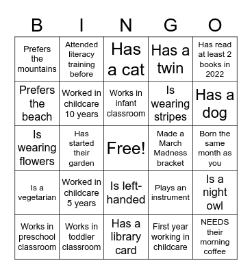 Early Literacy Bingo Card