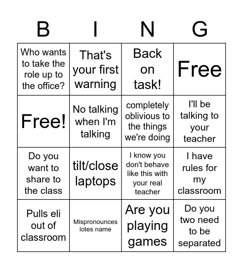 SUbSTitUe TEaCheR Bingo (works for all subs) Bingo Card