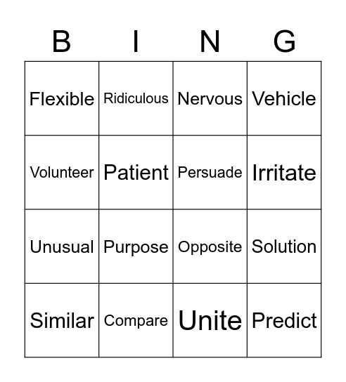 Vocabulary Bingo Card