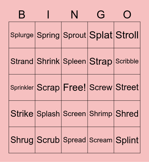 S Clusters Bingo Card