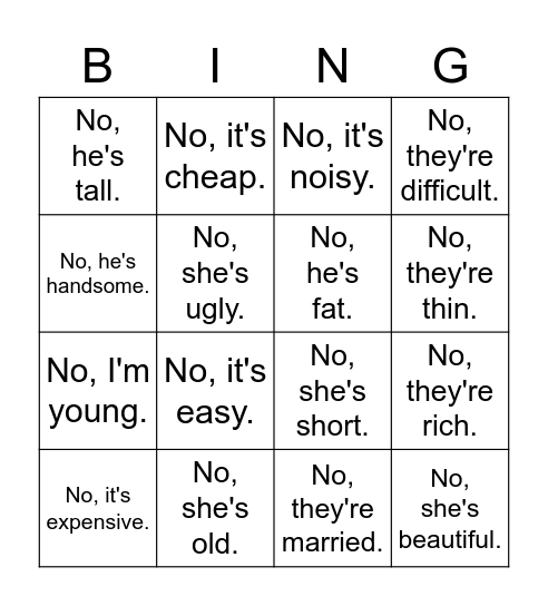 Opposites Bingo! Bingo Card