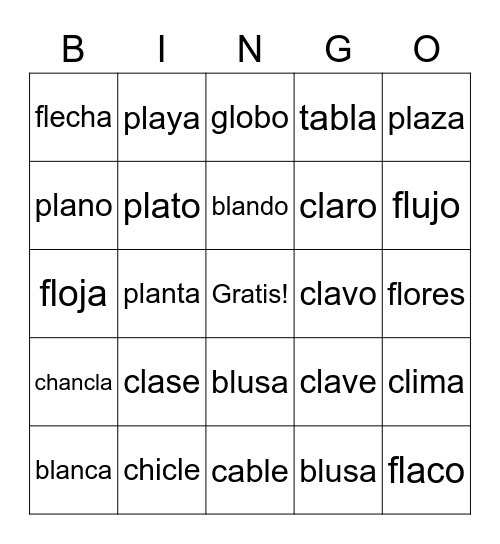Silabas Trabadas con L Bingo Card