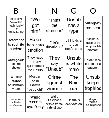 Criminal Minds bingo Card