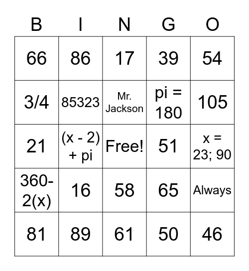 Inscribed Angles Bingo Card