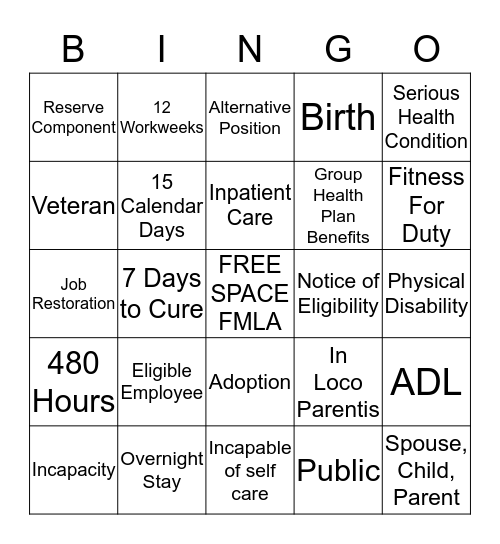 FMLA  Bingo Card