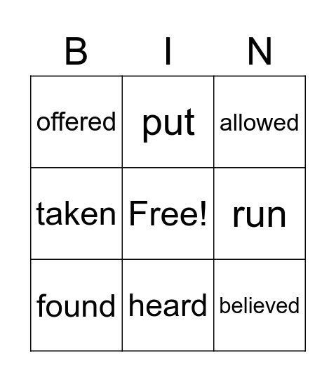 Past Participle Verbs Bingo Card