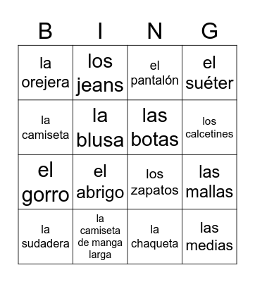 La ropa Bingo Card