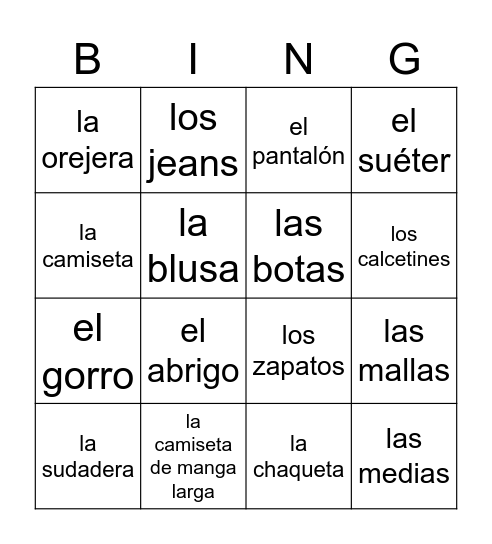 La ropa Bingo Card